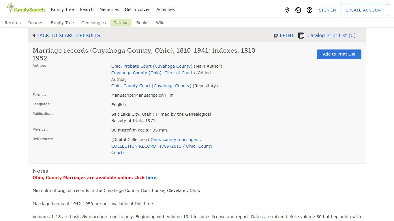FamilySearch Catalog: Marriage records (Cuyahoga County, Ohio), 1810 ...